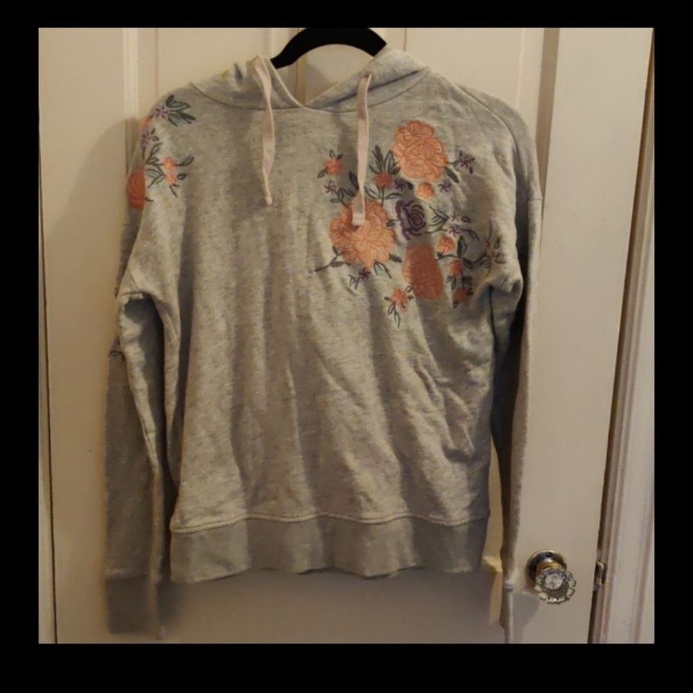 Embroidered Gray Floral Hoodie Size S